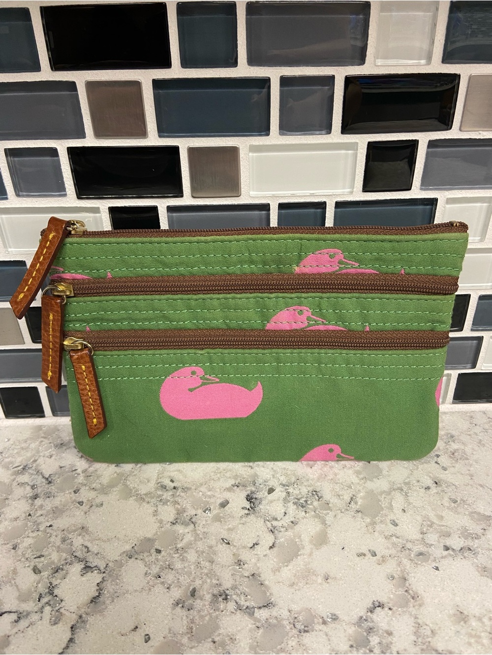 Dooney & Bourke Green Canvas Triple-Zip Pouch with Pink Duck Print
